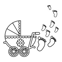 Cute Pram Baby Girl Newborn Footprints Vector Illustration Outline