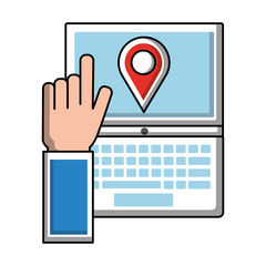 Sticker - hand pressing laptop with pointer map vector illustration