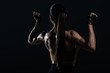 © LIGHTFIELD STUDIOS - back view of strong female bodybuilder posing and showing muscles, isolated on black
