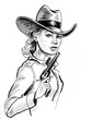 Pretty cowgirl with a gun. Ink black and white drawing