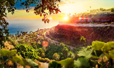 Wall Mural - Paisaje pintoresco de atardecer.Idilico  acantilado en Tenerife.Gran Canaria.Mar y vegetacion con palmeras.