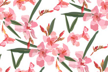 Pink Oleander Seamless Pattern. Botanical Illustration Hand Drawn. Vector Floral Design For Fashion Prints, Scrapbook, Wrapping Paper.