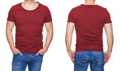 Wall Mural - T-shirt design - man in blank red tshirt front and rear isolated on white