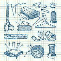 Poster - Vector set of hand drawn sewing elements illustration