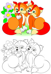 Wall Mural - Colorful and black and white pattern for coloring. Illustration of two cute foxes. Worksheet for children and adults. Vector image.