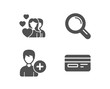© blankstock - Set of Add person, Couple and Research icons. Credit card sign. Edit user data, Valentines day, Magnifying glass. Card payment.  Quality design elements. Classic style. Vector