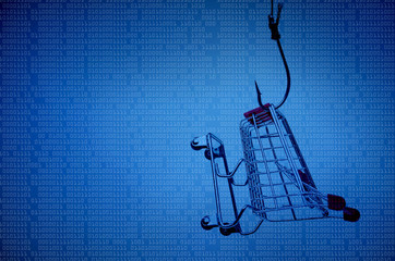 Wall Mural - A fish hook with a trolley / Stealing online shopping data concept