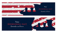 Happy Memorial Day. Set Vintage Retro Greeting Card With Flag And Soldier With Old-style Texture. National American Holiday Event. Flat Vector Illustration EPS10