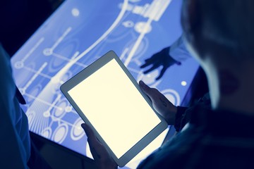 Hands holding using tablet in technologiy meeting