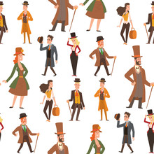 Vintage Victorian Cartoon Gents Retro People Vector. Style Fashion Old People Victorian Gentleman Clothing Antique Century Character Victorian Gent People Vintage Wild West Man And Woman Style