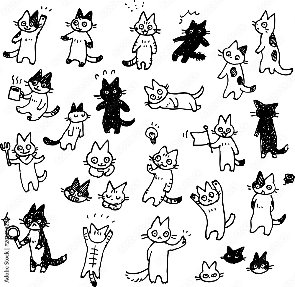 猫の手書きイラストセット モノクロ Stock Vector | Adobe Stock