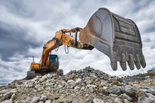 Excavator Loader Machine At Demolition Construction Site