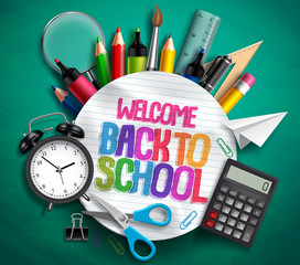 Welcome back to school vector banner with school supplies, education elements and colorful text in textured white paper in green background. Vector illustration.
