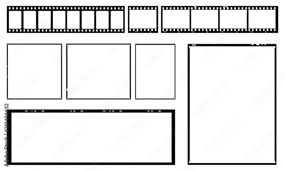 Film template with frames, empty developed black and white type 135, 120, 9x12, cinema, etc. in negative and positive. - obrazy, fototapety, plakaty 