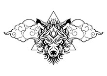 Tribal Wolf Head Tattoo Decorate With Oriental Cloud And Geometric Triangle Design For Vector Tattoo With White Background 