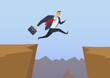 Businessman in office suit jumping over the abyss as he runs to his goals. Overcoming the obstacles. Achieving goals. Race for success. Hurry up. Concept flat vector illustration. Horizontal.