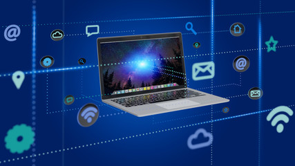 Wall Mural - Computer surrounding by app and social icon - 3d render