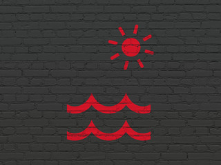 Wall Mural - Travel concept: Painted red Beach icon on Black Brick wall background