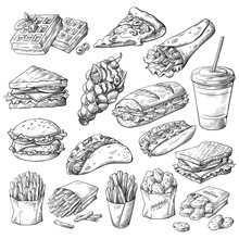 Set With Fast Food Products On White Background