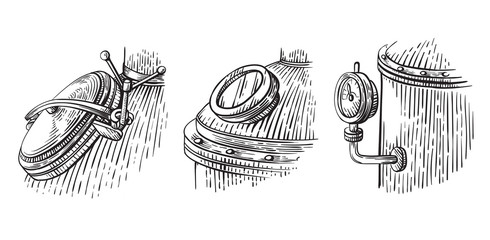 Vintage distillation apparatus sketch. Moonshining vector illustration distillation process