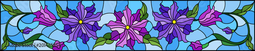 Dekoracja na wymiar  ilustracja-w-stylu-witrazu-z-kwiatami-liscmi-i-pakami-fioletowych-kwiatow-na-niebiesko