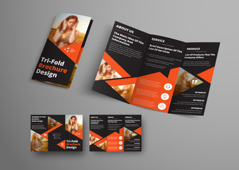 Wall Mural - design of a vector tri-fold brochure with orange triangular elements and place for a photo.