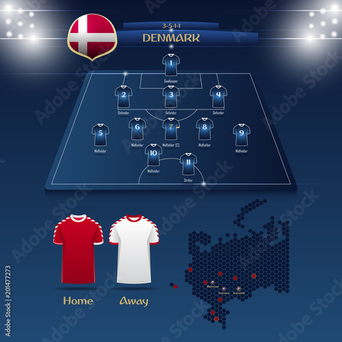 Team Denmark Soccer Jersey Or Football Kit With Match Formation Tactic Infographic Football Player Position On Football Pitch And Stadium Map Vector Illustration Stock Vector Adobe Stock