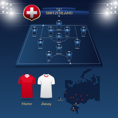 Team Switzerland soccer jersey or football kit with match formation tactic infographic. Football player position on football pitch and stadium map. Vector Illustration.