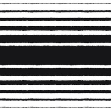 Black stripes, streaks, bars of different width on white background. Vector seamless repeat pattern. Brush or chalk drawn - rough, artistic edges. Striped monochrome texture with space for text.