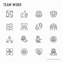 Teamwork thin line icons set: group of people, mutual assistance, meeting, handshake, tug-of-war, cooperation, puzzle, team spirit, cooperation. Modern vector illustration.