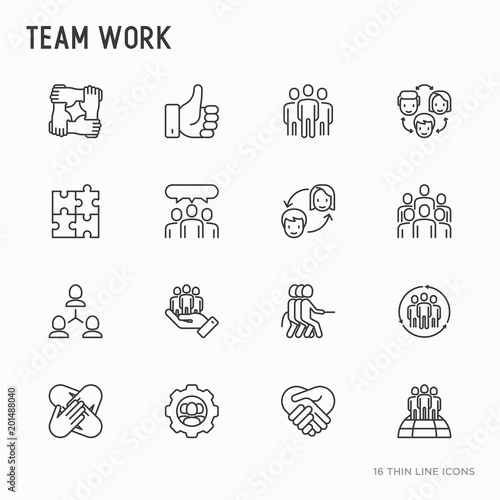Fotomural Teamwork thin line icons set: group of people, mutual assistance, meeting, handshake, tug-of-war, cooperation, puzzle, team spirit, cooperation