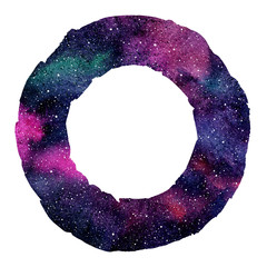 Wall Mural - Round cosmic, cosmos colorful watercolor background, frame, border. Watercolour galaxy, night sky, space with stars. Circle, ring shape with uneven edge and empty center. Aquarelle stains texture.