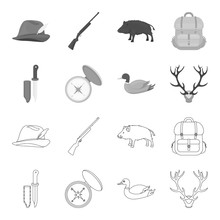 Knife With A Cover, A Duck, A Deer Horn, A Compass With A Lid.Hunting Set Collection Icons In Outline,monochrome Style Vector Symbol Stock Illustration Web.