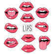Lips patch set 80s-90s comic style. Stickers and patches in cartoon . Vector illustration on white isolated