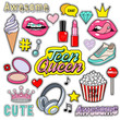 Trendy sticker pack heart, crown, lips, diamond. Cute fashion stikers kit. Doodle pop art sketch badges and pins. Vector hand drawn patches set isolated