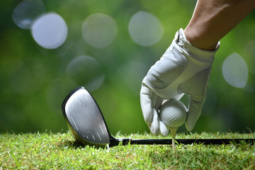 Poster - Hand hold golf ball with tee on golf course