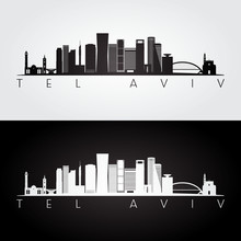 Tel Aviv Skyline And Landmarks Silhouette, Black And White Design, Vector Illustration.