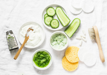 Wall Mural - calming cucumber yogurt mask. ingredients for homemade cucumber face mask-cucumber, natural yogurt, 