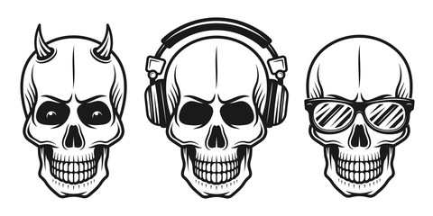 Set of three different skulls vector elements