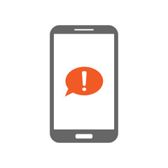 Sticker - Speech bubble with exclamation point on smartphone screen. Important message icon. Vector.