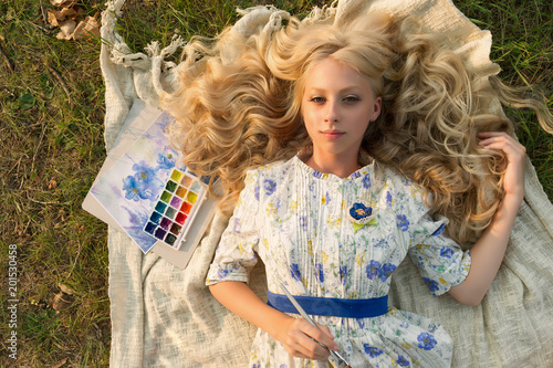 Beautiful Charming Barefoot Long Curly Blonde Hair Teenage Painter