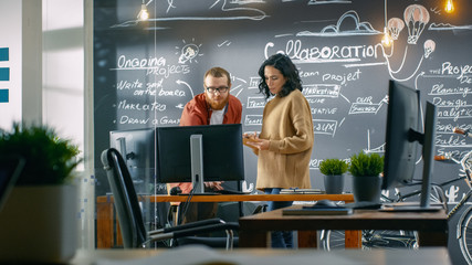 Wall Mural - female designer talks with male developer, they look at personal computer screen. in the background 