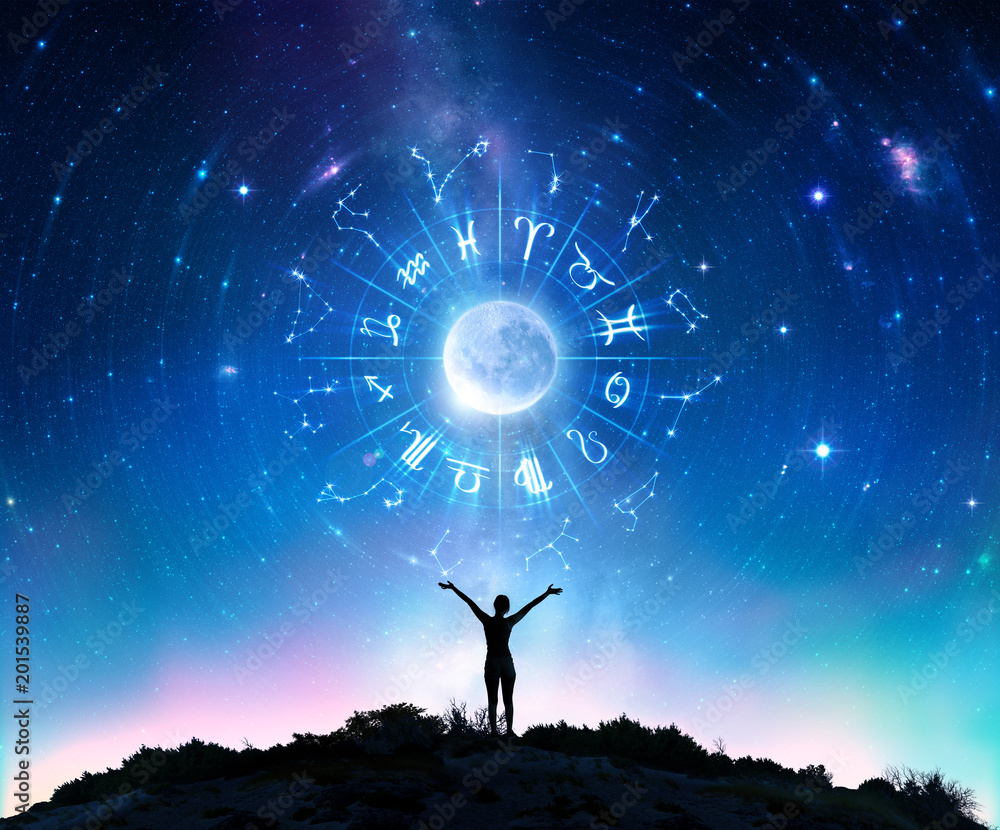 Woman Consulting The Stars - Zodiac Signs In The Sky
 - obrazy, fototapety, plakaty 