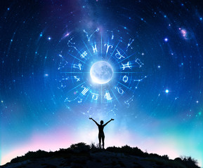 woman consulting the stars - zodiac signs in the sky