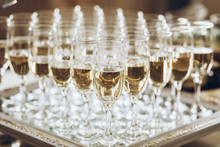 Stylish Glasses Of Champagne At Luxury Wedding Reception. Rich Celebration. Expensive Catering At Feast. New Year And Christmas Celebrations And Drinks