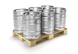 Aluminium beer kegs on a storage pallet (3d illustration).
