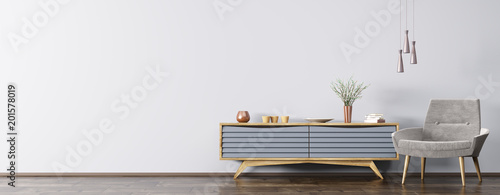 Photo Interior with wooden cabinet and armchair 3d rendering
