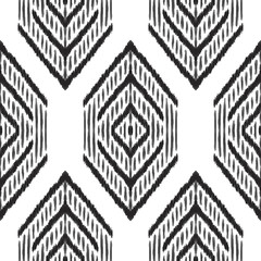Wall Mural - Black and white ikat tribal textile modern pattern. Seamless background. Graphic design for cover, rug, carpet, wallpaper, clothing, wrapping, fabric. Vector illustration.