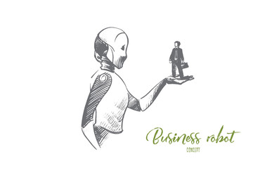 Wall Mural - business robot concept. hand drawn robot holding businessman on hand. automation technology and arti