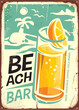 Summer beach bar retro sign design with glass of cold drink and sea landscape in background. Cafe bar poster, orange juice or tropical cocktail on old metal pattern.